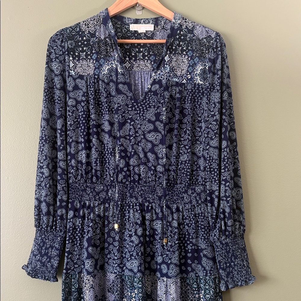 Michael Kors Multi-Print Bohemian Peasant Dress True Navy/Sea Green Sz M - Picture 3 of 8